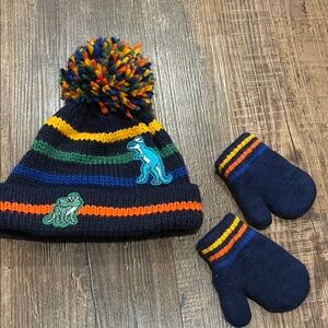 The Children's Place Dinosaur Knit Hat and Mittens - Navy, Green, Orange